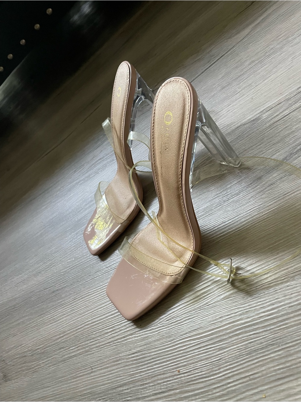 Clear-Strap Nude Square-Toe Stiletto Heels with Ankle Tie